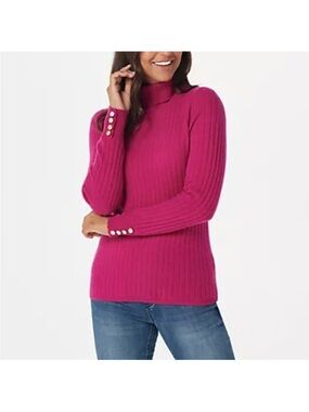 Soft by Naadam Ribbed Cashmere Turtleneck Sweater Hot Pink Button Cuff